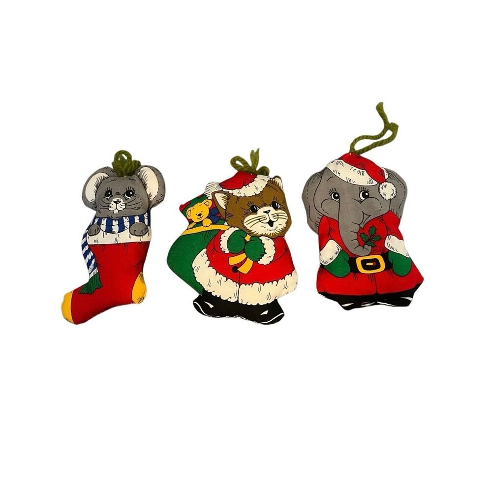 Vintage Set of 3 70s Animal Stuffed Handmade Kitchy Christmas‎ Ornamants